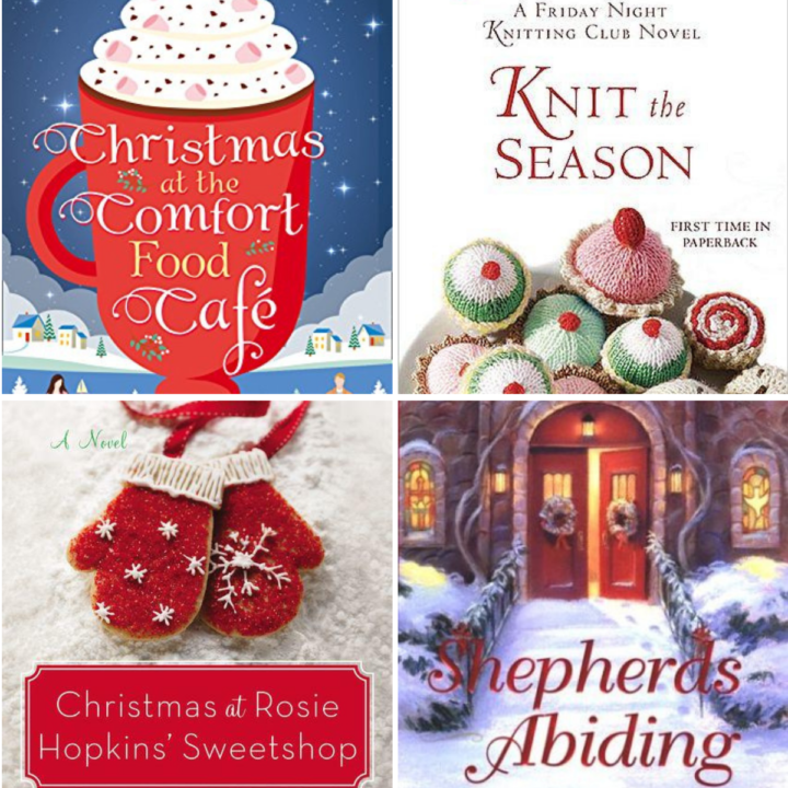A photo collage of cozy christmas book club books.