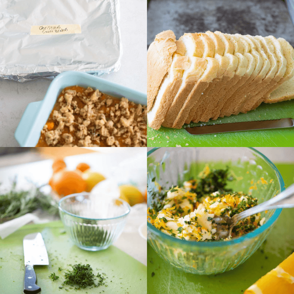 A photo collage of several make ahead tricks for Thanksgiving recipes.