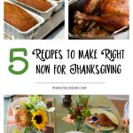 A photo collage shows several Make Ahead recipes for Thanksgiving next to a thanksgiving table with food.