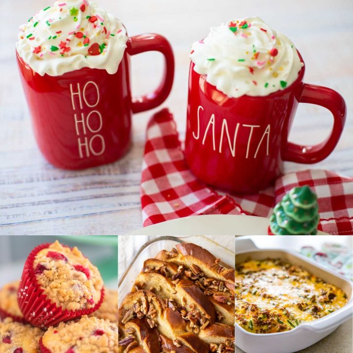 A photo collage shows red mugs of hot cocoa with whipped cream, cranberry muffins, overnight french toast, and an egg and sausage casserole.