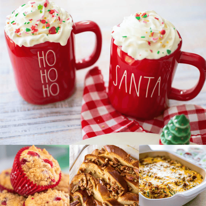 A photo collage shows red mugs of hot cocoa with whipped cream, cranberry muffins, overnight french toast, and an egg and sausage casserole.