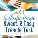 A slice of treacle tart with whipped cream next to the ingredients needed to make it.
