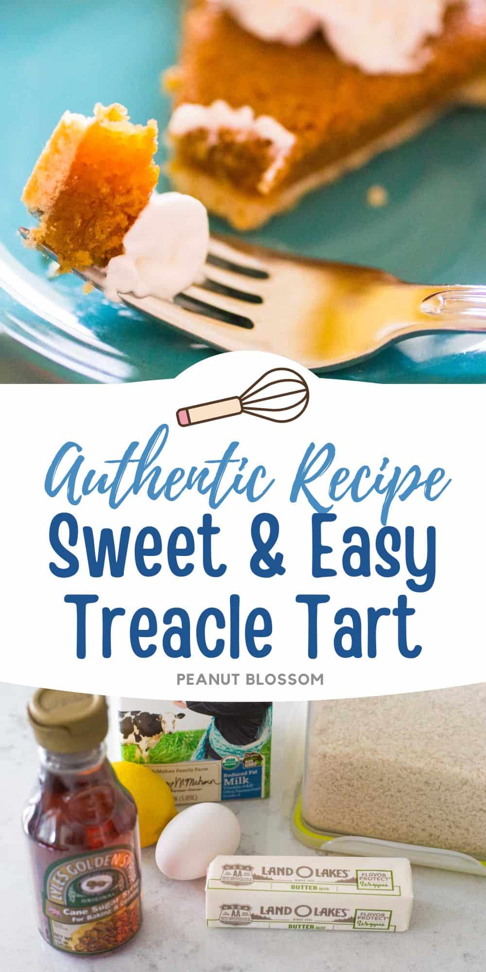 A slice of treacle tart with whipped cream next to the ingredients needed to make it.