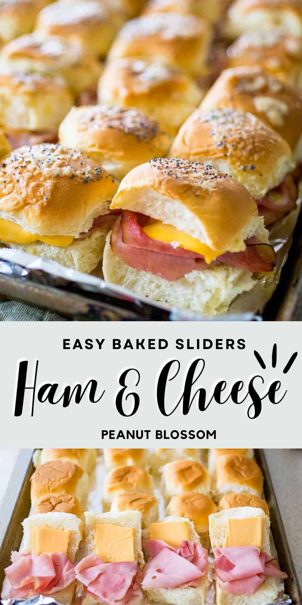 The photo collage shows the ham and cheese sliders fresh from the oven next to a photo of them being filled on a baking pan.