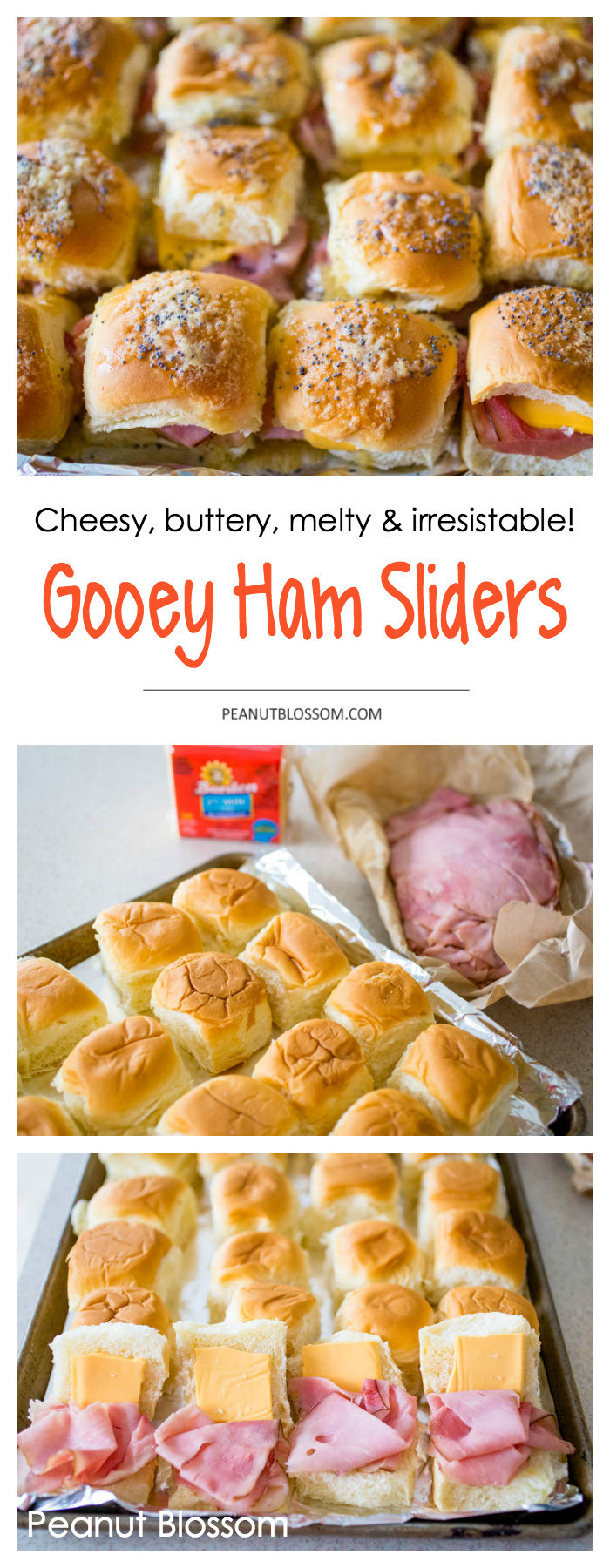 Buttery delicious Hawaiian roll ham and cheese sliders are the perfect party food for feeding a large crowd. Make a big pan of them in minutes and pile them up on a platter to serve.
