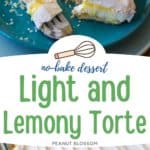 The photo collage shows a photo of a slice of the lemon torte with a fresh lemon twist on top next to a baking dish filled with the rest of the dessert.