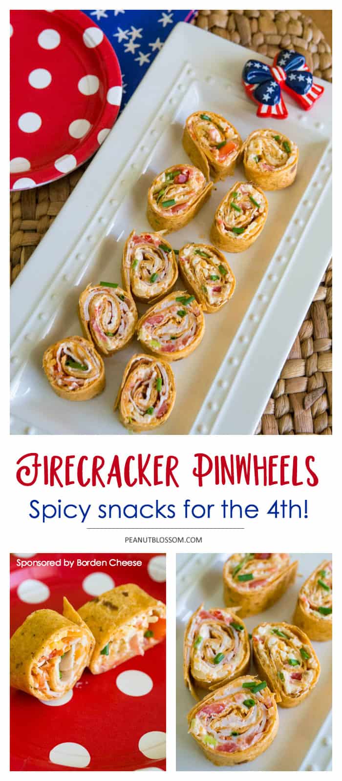 Spicy firecracker cream cheese pinwheel recipe for summer patriotic parties