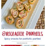 A tray of firecracker pinwheels next to a red white and blue decoration.