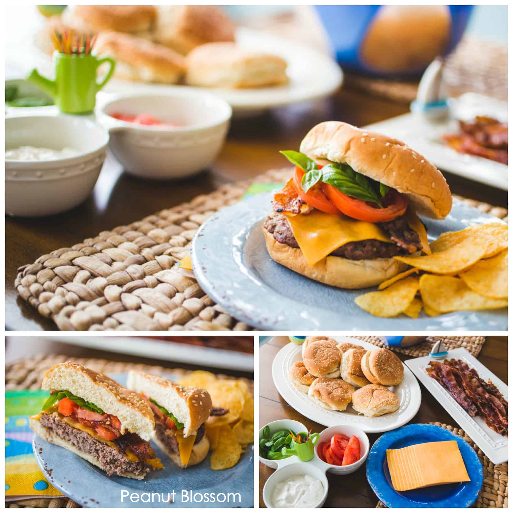 The Photo collage shows a fully assembled bacon cheeseburger with tomato and basil, a sliced burger revealing melted cheddar, and a burger bar spread with buns, bacon, cheese slices, and fresh toppings ready to serve.