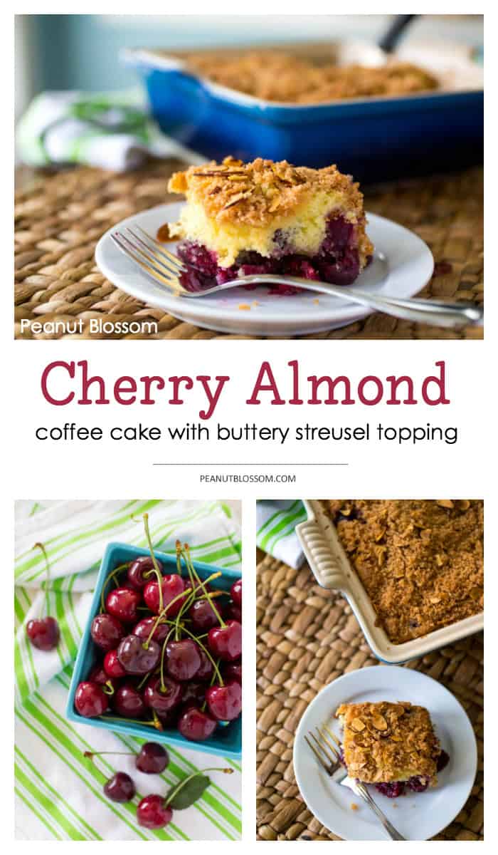 This amazing cinnamon streusel coffee cake has a fun cherry almond twist! Use fresh or frozen cherries and layer them underneath a buttery delicious cinnamon streusel topping. YUM.