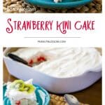 A strawberry jello poke cake with Cool Whip topping and fresh kiwi slices on top.