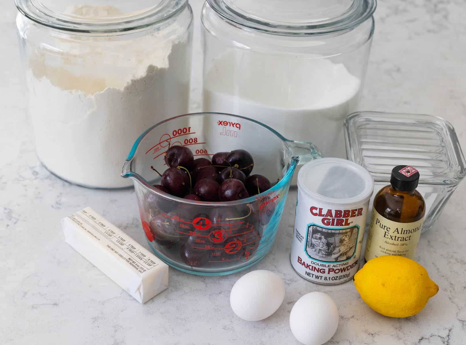 The ingredients to make the coffee cake are on the counter.