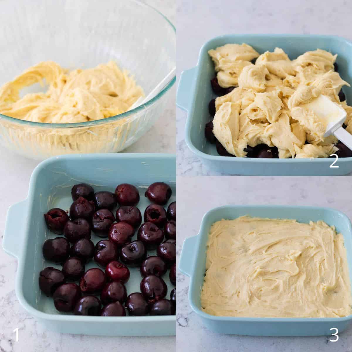 The step by step photos show how to layer the fresh strawberries, cake batter, and streusel topping.