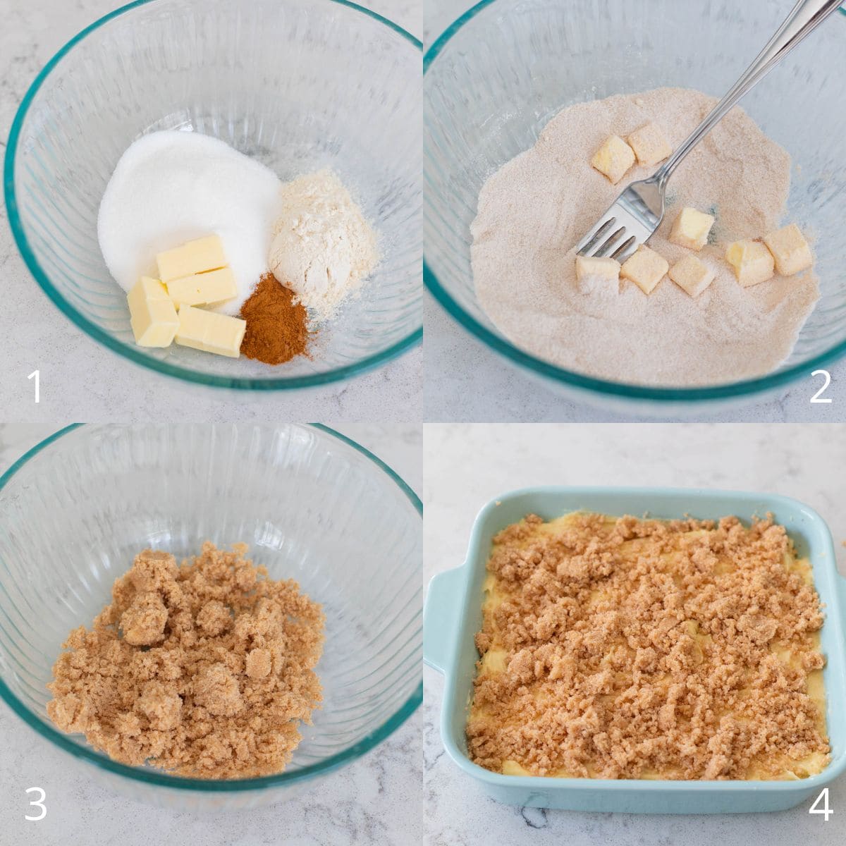 The step by step photos show how to prep the streusel topping.