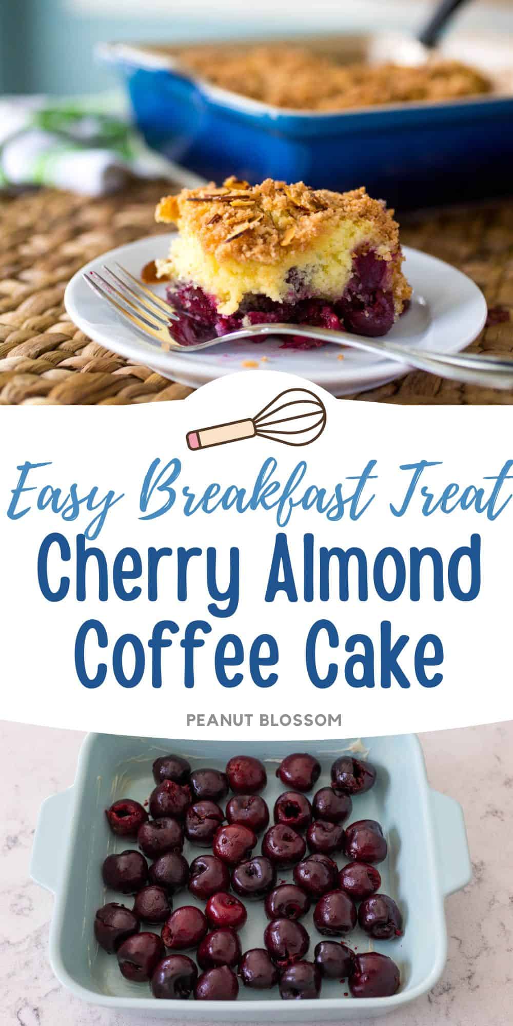 The cherry coffee cake has a piece served up on a plate.