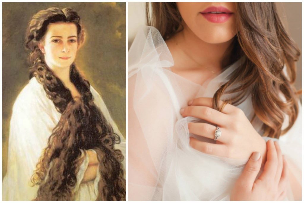 A side by side comparison of a historical portrait of Empress of Austria next to a modern day photograph of a boudoir session.