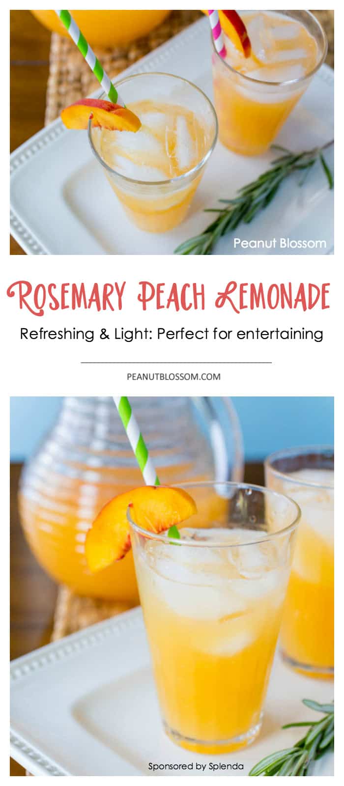 This refreshing and easy rosemary infused peach lemonade recipe is perfect for summer entertaining. Your guests will love it as a cool drink or the base of a delicious cocktail!