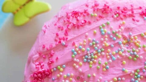 A pink birthday cake with sprinkles is on a cake stand with a butterfly.