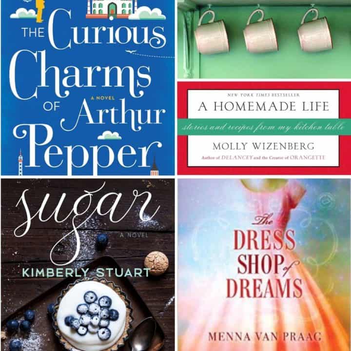 A photo collage of festive book club books that aren't christmasy.