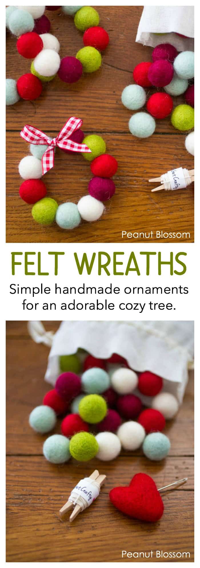 Warm and cozy felt balls wreath ornaments for a country Christmas look