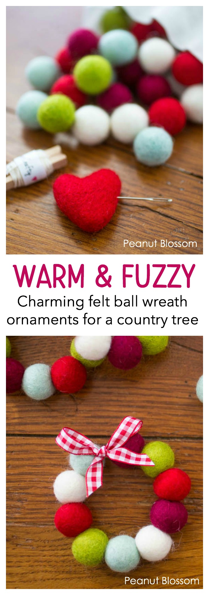 Warm and cozy felt balls wreath ornaments for a country Christmas look