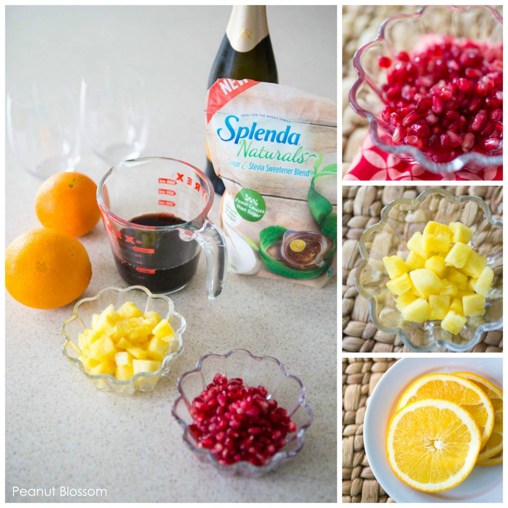 The ingredients to make the pomegranate punch are on the counter and prepped in small bowls.