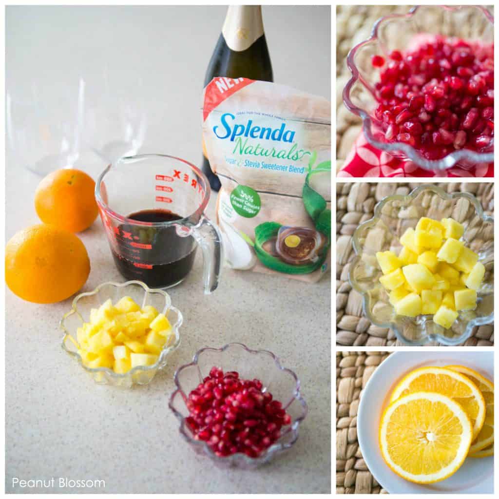 The ingredients to make the pomegranate punch are on the counter and prepped in small bowls.