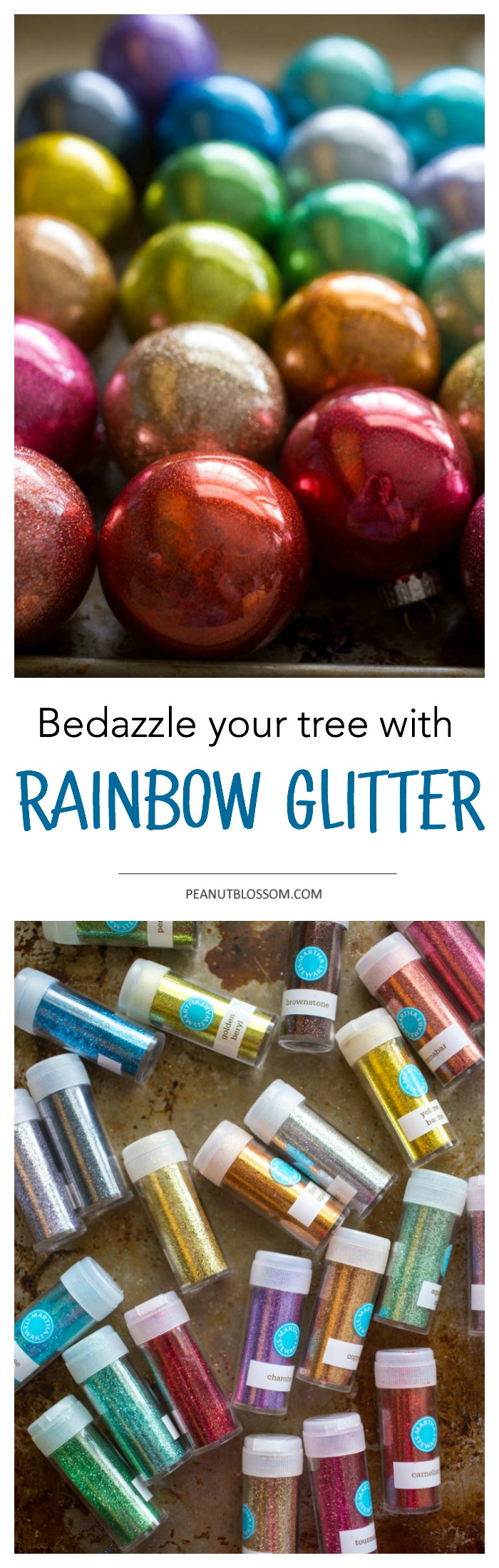 4-step easy DIY rainbow glitter ornaments for Christmas