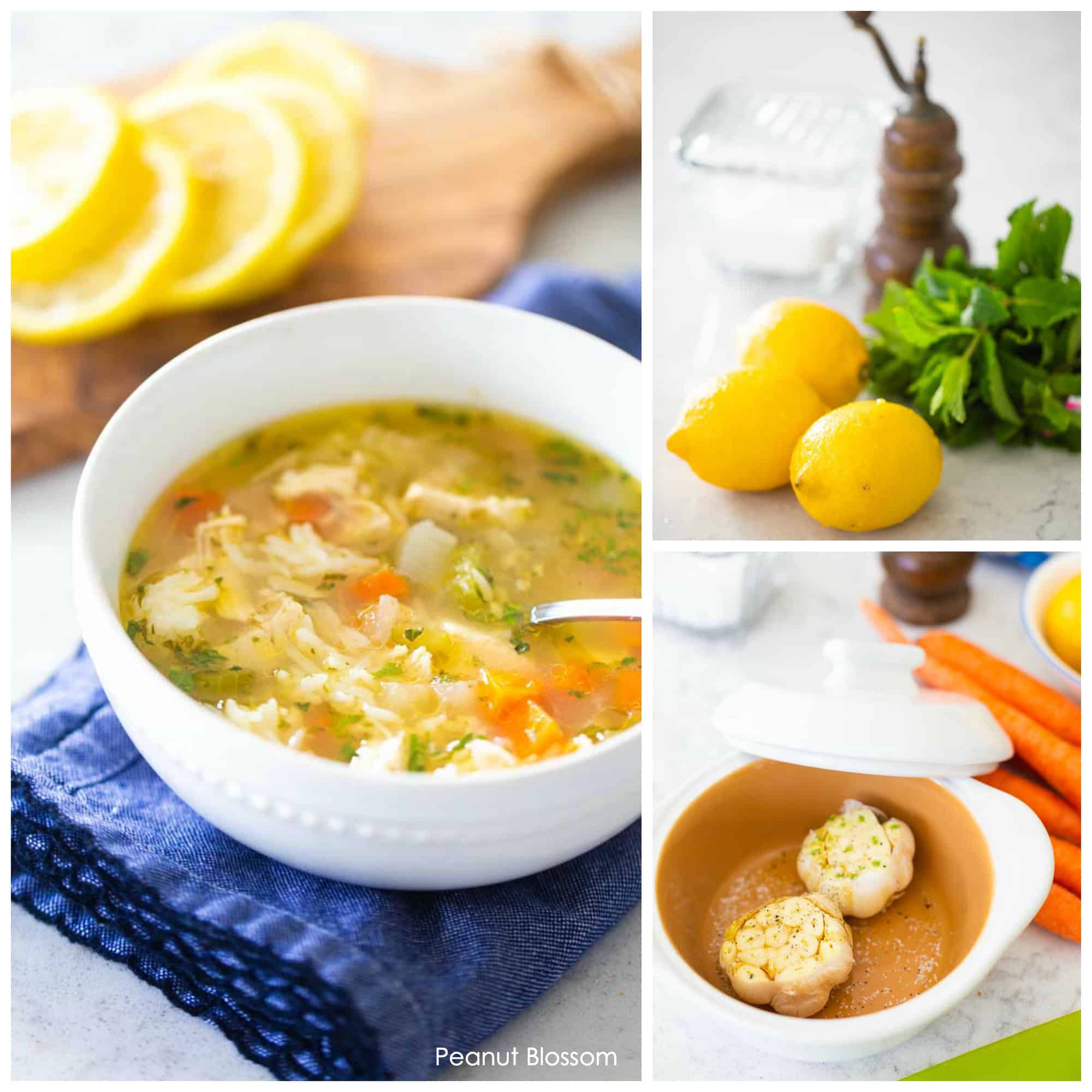 Delicious and healthy homemade chicken soup for cold and flu season with roasted garlic and fresh lemons.