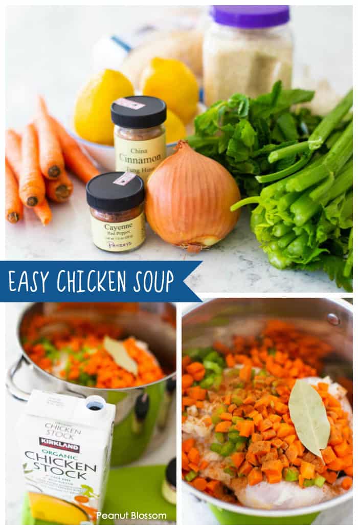 Easy chicken soup starts with fresh veggies and a few boxes of chicken stock. Don't forget the whole chicken!