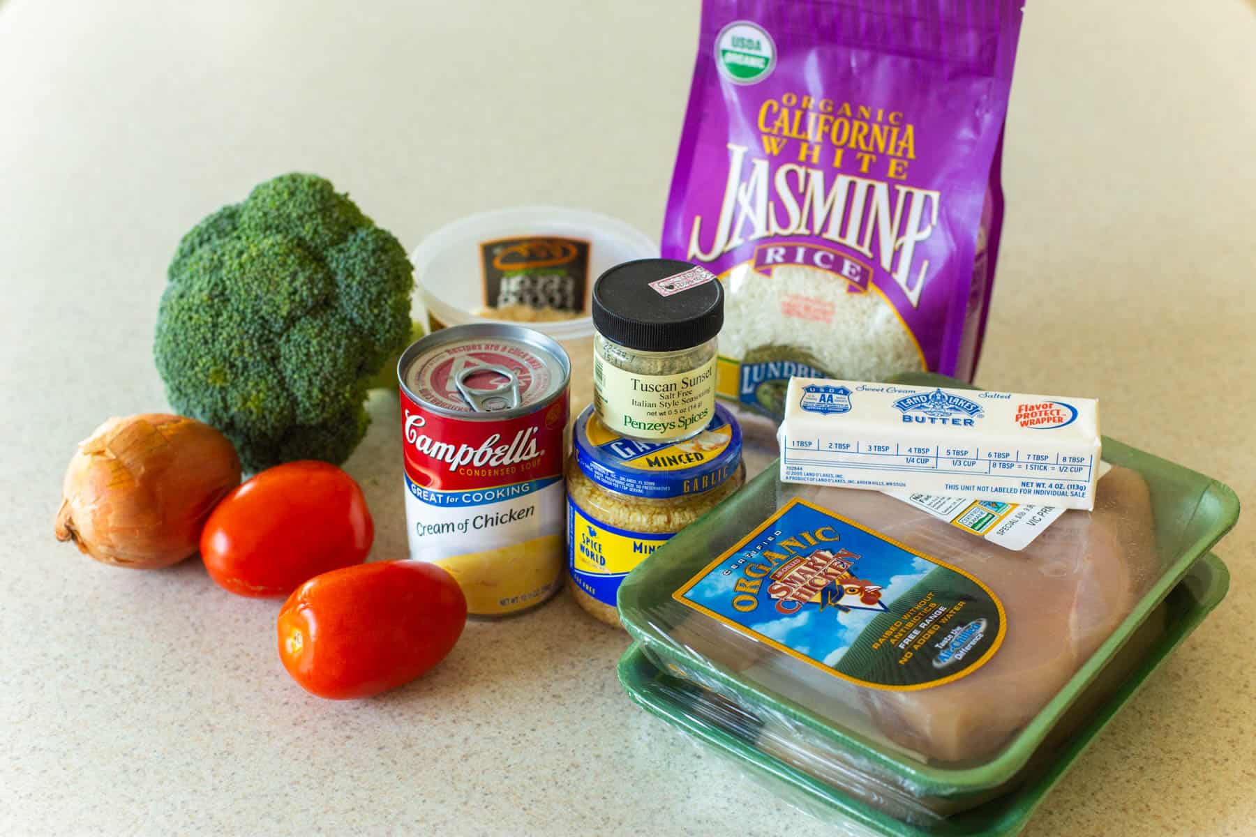 The ingredients to make the casserole for the freezer are on the counter.