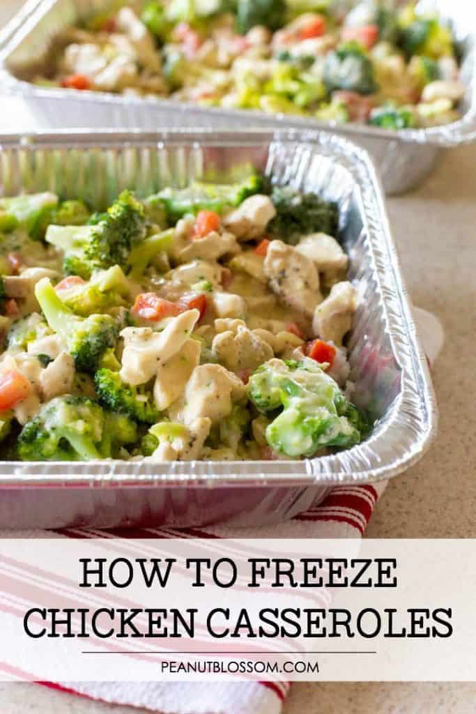 The photo shows how to freeze a chicken rice casserole in a freezer pan.