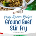 A blue skillet is filled with cooked ground beef, veggies, and ramen noodles.