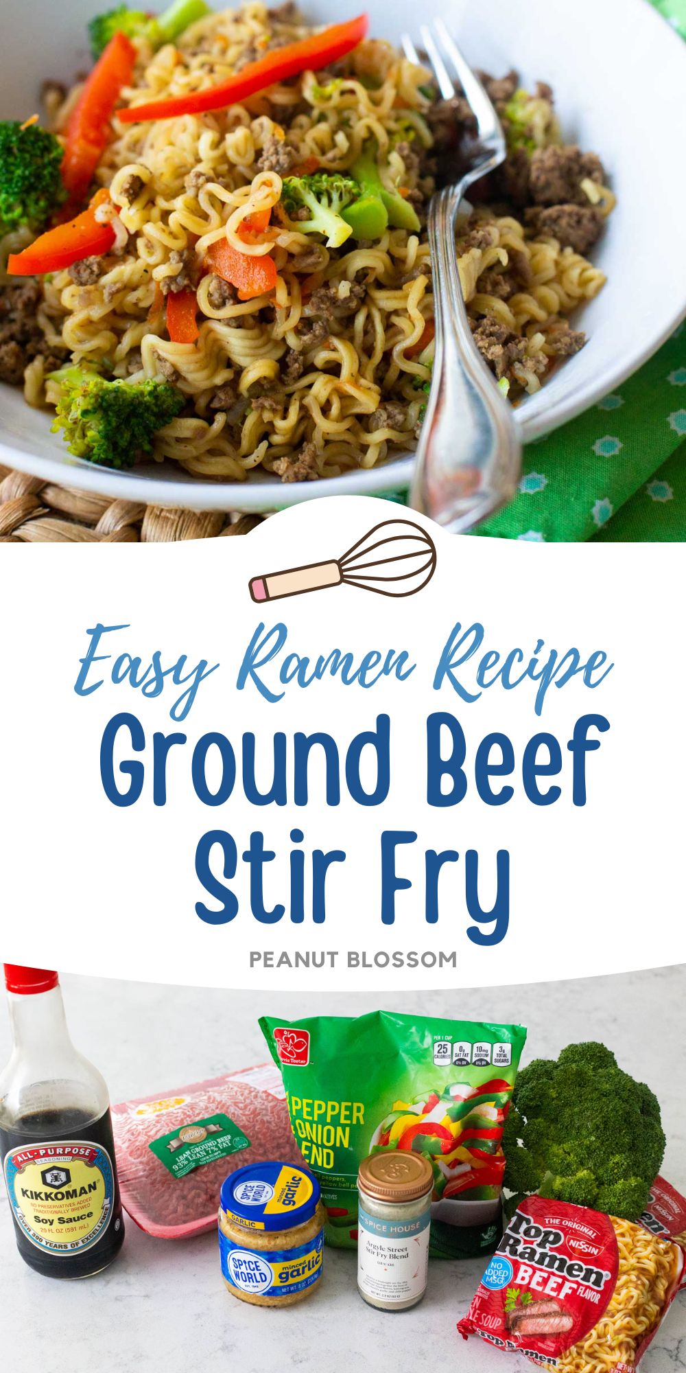 A blue skillet is filled with cooked ground beef, veggies, and ramen noodles.
