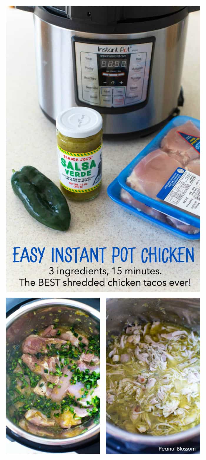 Easy Instant Pot chicken recipe: 3 ingredients, 15 minutes. The BEST shredded chicken tacos ever.