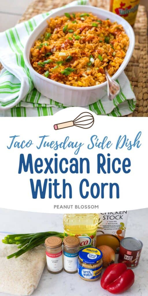 The rice is being served in a white dish at the table. The second photo shows the ingredients needed to make it.