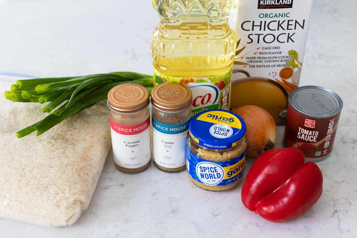 The ingredients to make homemade Mexican rice.