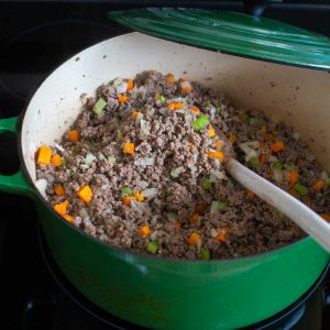 A big green pot holds browned ground beef with chopped carrots, onions, and celery to be portioned for the freezer.