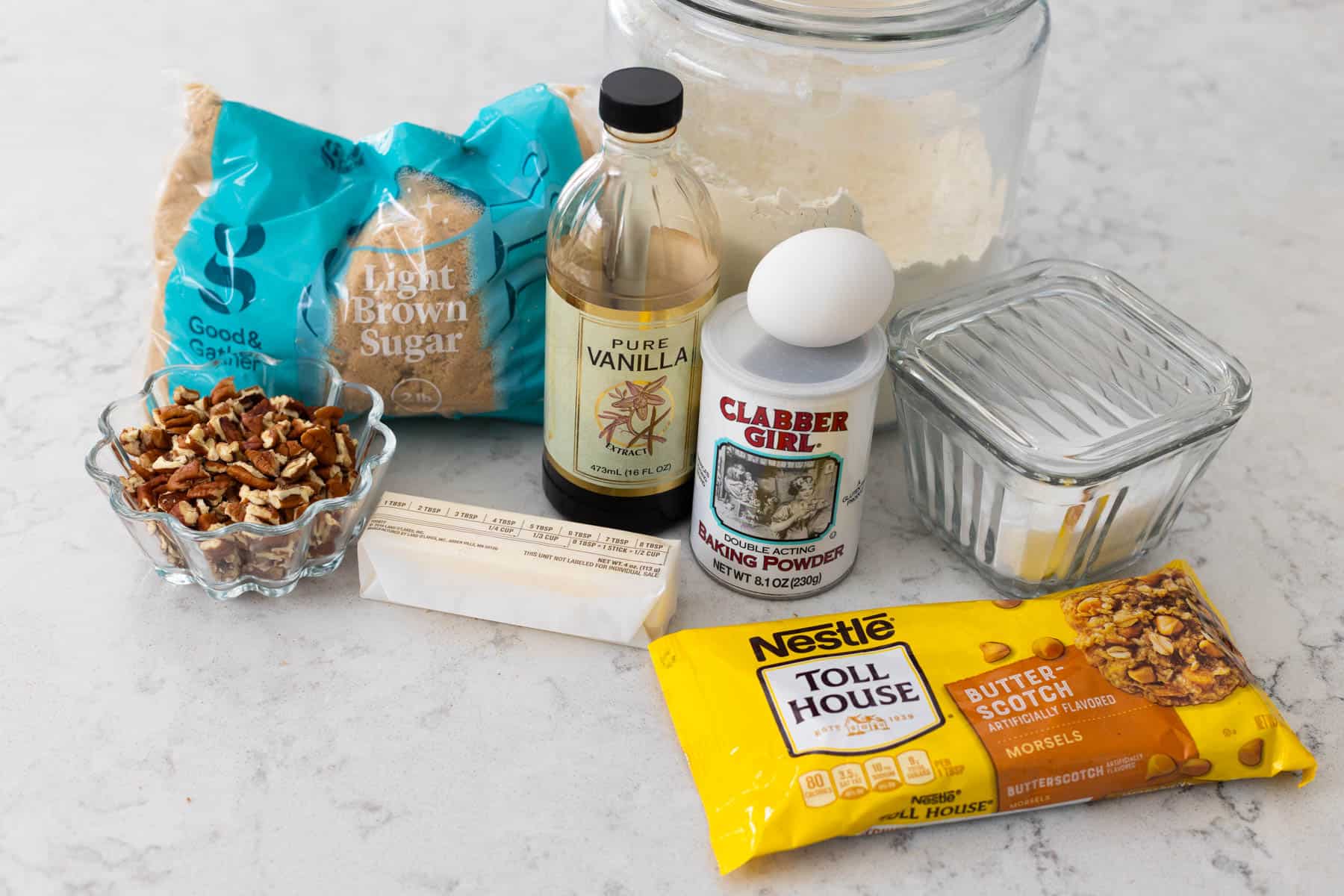 The ingredients to make the butterscotch bars are on the counter.