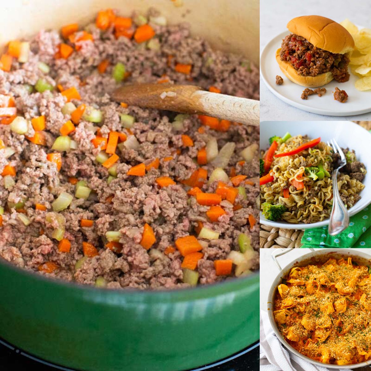 The photo collage shows ground beef cooking in a large dutch oven next to photos of three easy ground beef recipes for dinner.