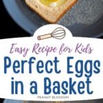 The photo collage shows the eggs in a basket just prepped in the skillet next to a photo of it flipped over.