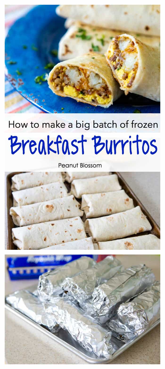 The photo collage shows the baked breakfast burritos on top and the baking pan of assembled burritos about to be wrapped in foil for the freezer on the bottom. 