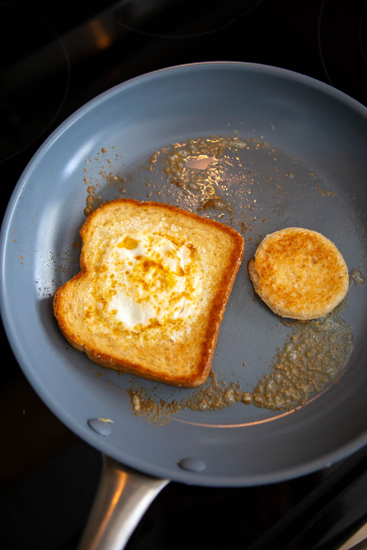 The egg in a basket has been turned over so you can see how golden brown and toasted the bread got.