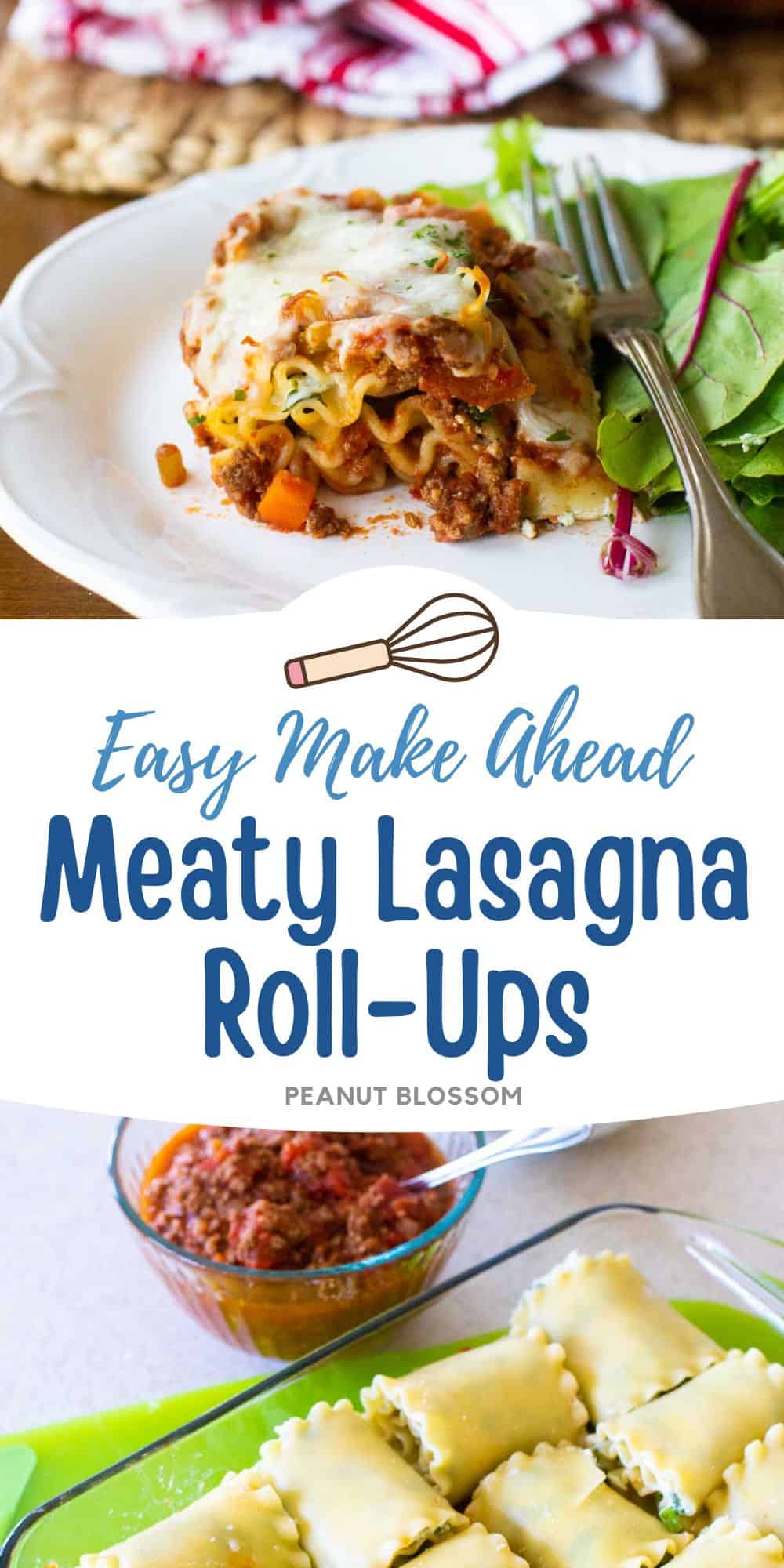 The serving of lasagna is on a plate next to a green salad. The second photo in the collage shows how to roll the pasta.