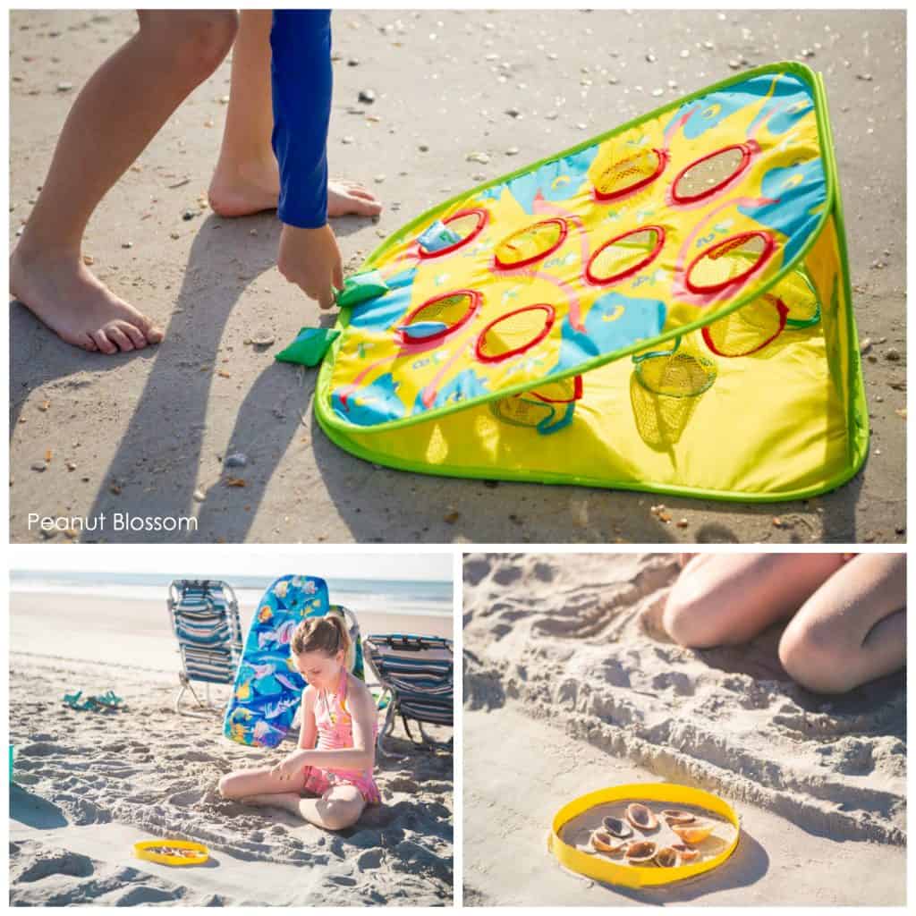 Fun beach travel activities to play with kids: portable bean bag toss and shell collecting.