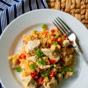 A plate has a bed of rice with asian marinated chicken and green onions over the top.