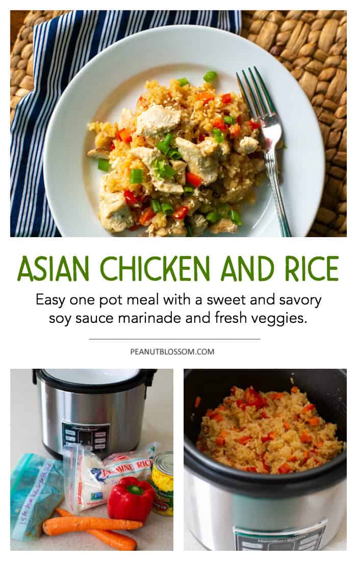 One pot chicken and rice dish with an Asian flair. Sweet and savory soy sauce marinade and fresh veggies make this an easy weeknight dinner.