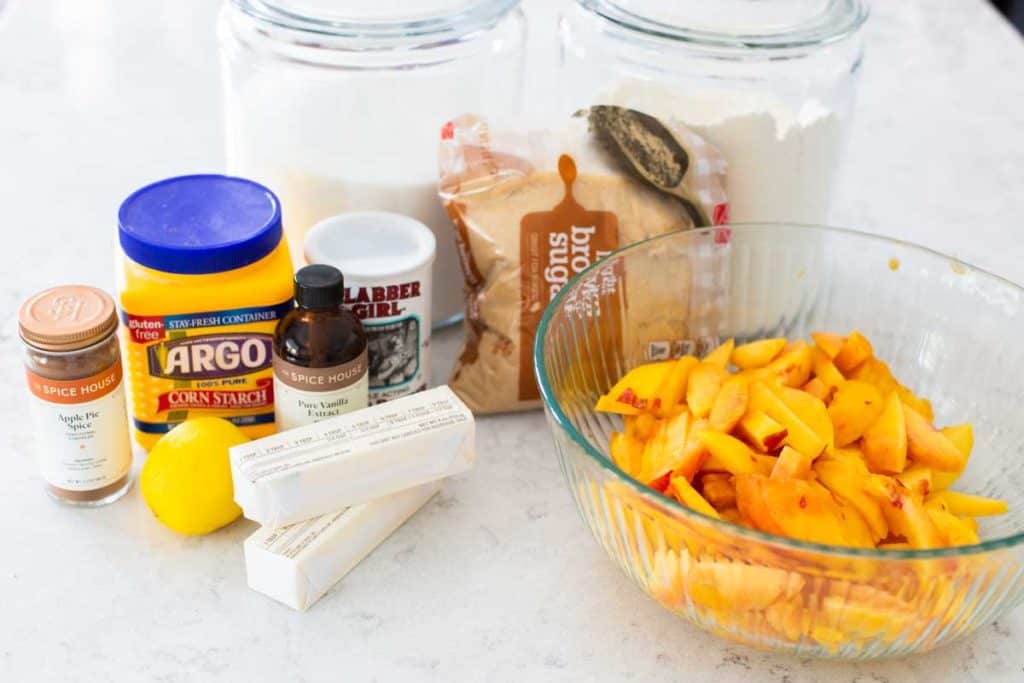 The ingredients for peach cobbler are on the counter.