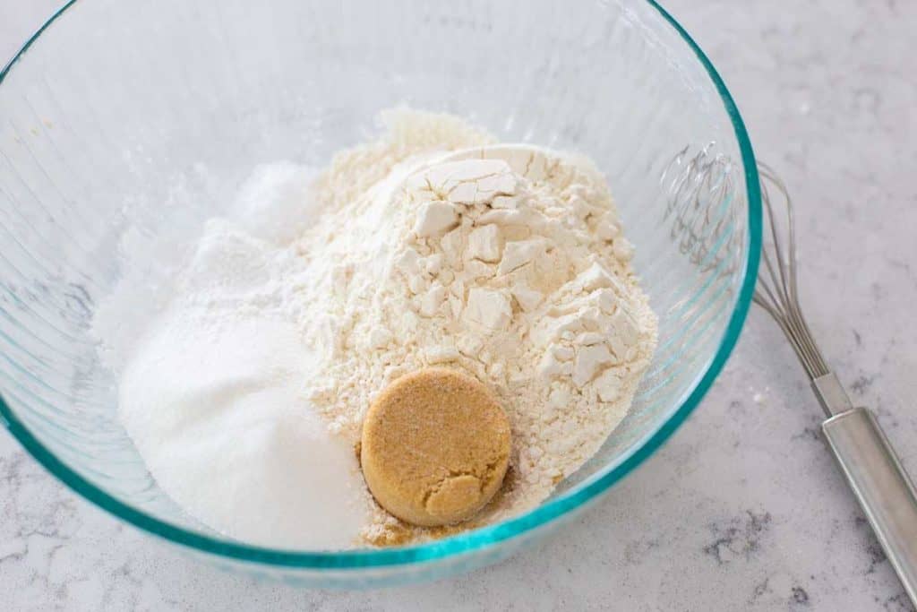 The ingredients for the cobbler topping are in a mixing bowl.