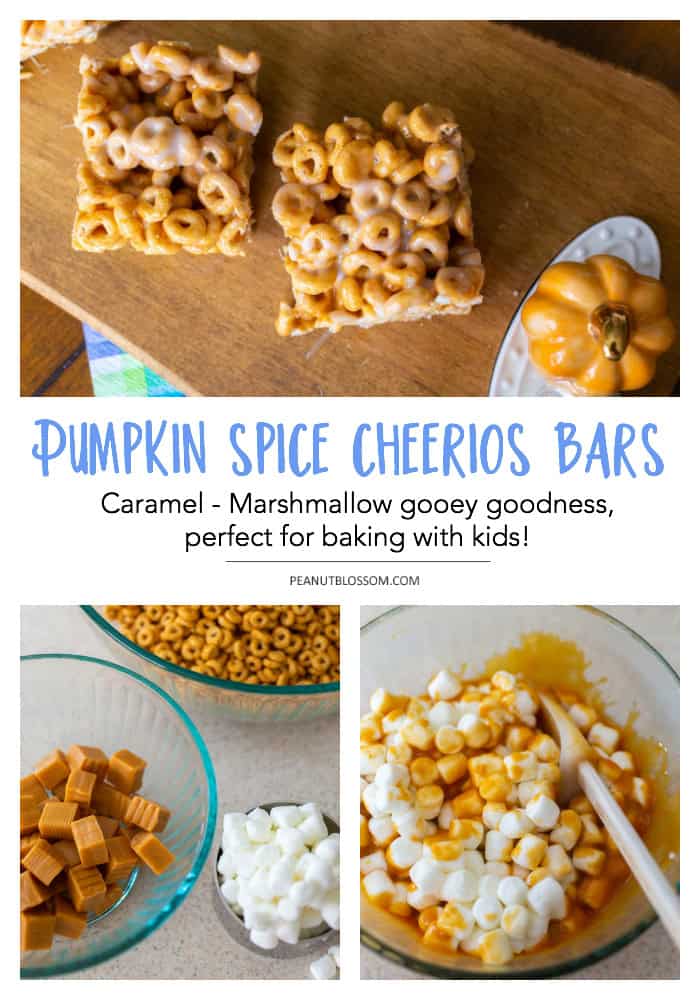 Easy no bake pumpkin spice Cheerios bars made with marshmallows and melted caramel